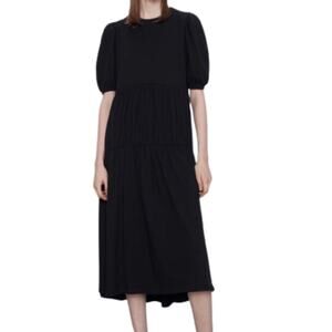 Zara Women's Puff Sleeve Tiered Black Maxi Dress Crew Neck Modest Neutral Size S